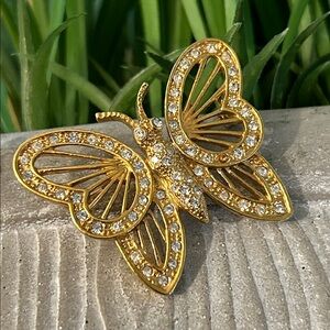 Vintage ROMAN Butterfly Brooch goldtone with clear rhinestones